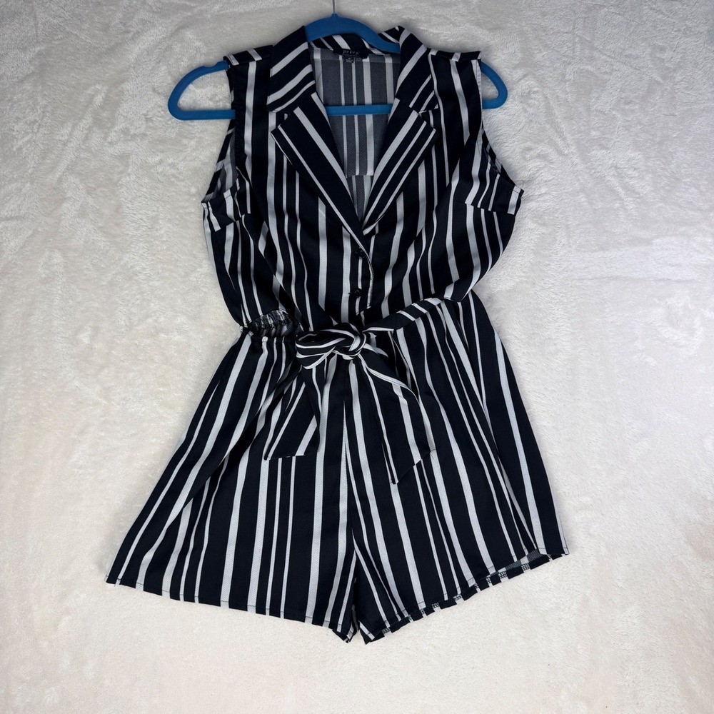 Black White Striped Romper Womens Sleeveless Collared Tie Waist Button Front